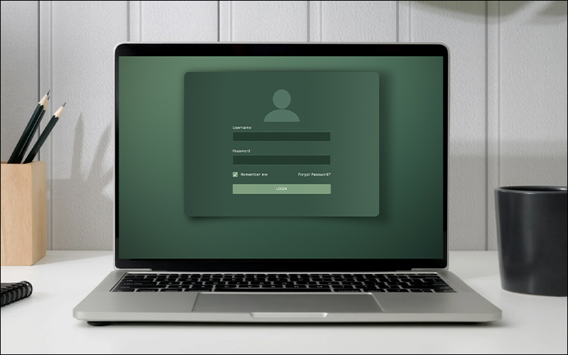 Laptop open with login screen showing.