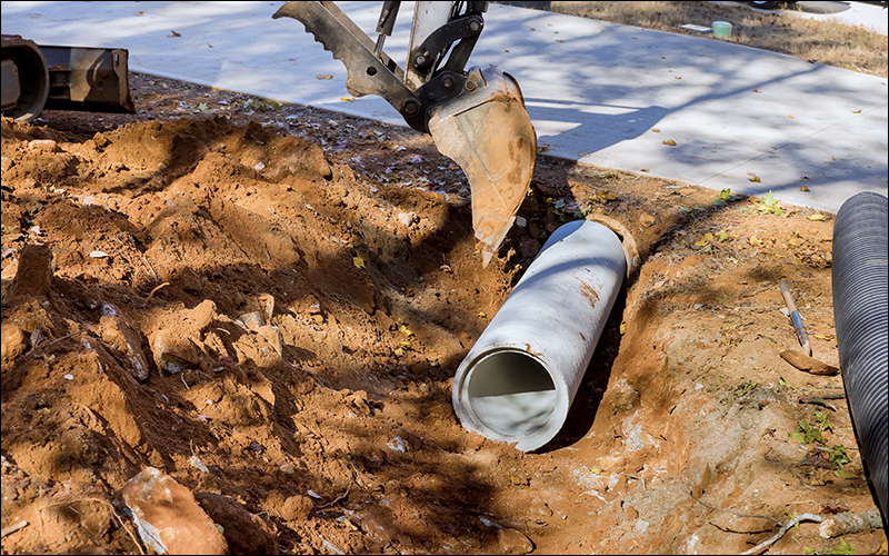 Exposed plumbing under sidewalk.