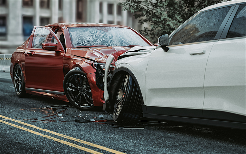 Head-on collision scene on the road.