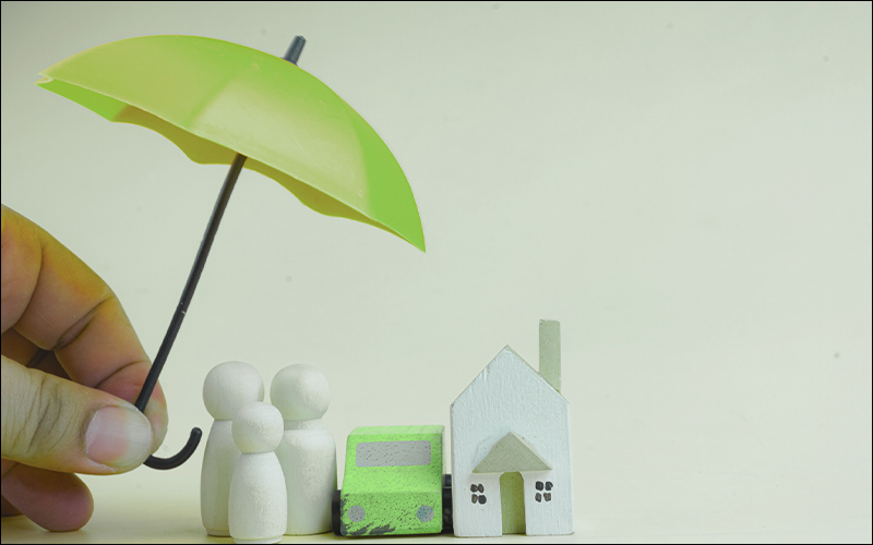 Umbrella held over family, car, house.
