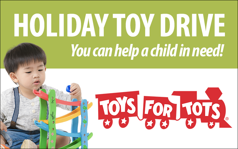 Holiday Toy Drive. You can help a child in need! Toddler playing with toy and Toys for Tots logo