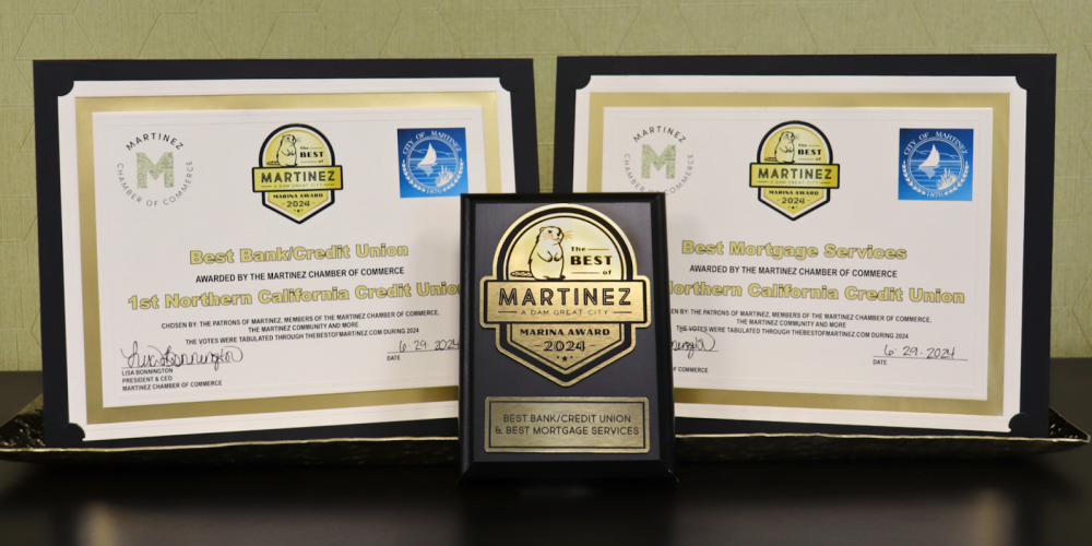 Two Best of Martinez 2024 Certificates and a Plaque. One certificate says Best Bank/Credit Union, the other says Best Mortgage Services.