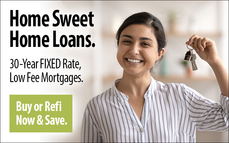 Home Sweet Home Loans. 30-Year Mortgages. Woman smiling holding keys.