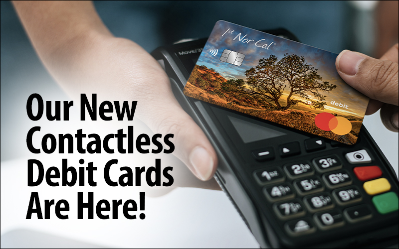 Our new contactless debit card are here! Photo of new card being used as tap-to-pay.
