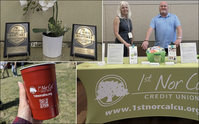 Employees at 1st Nor Cal vendor table, red cup with 1st Nor Cal logo, Best of Martinez Plaques