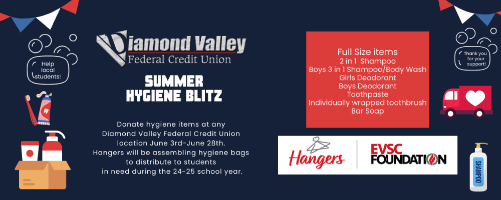 Donate Hygiene items at any Diamond Valley branch June 3 - 28, 2024!