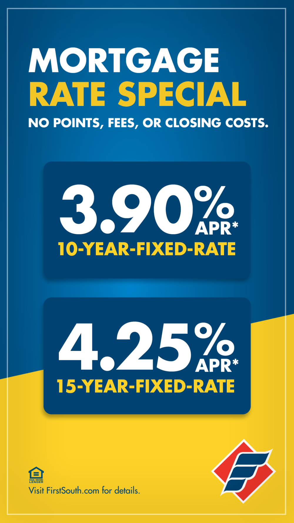 3.90% APR on a 10 year fixed rate first mortgage or 4.25% APR on a 15 year fixed rate first mortgage