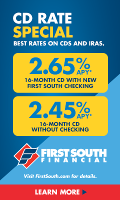 2.55% APY on  16 month CD with a first south checking account or 2.35% APY on a 16 month CD with no checking