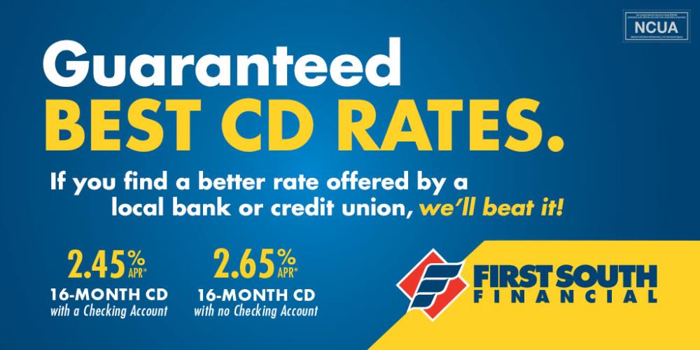 2.65% APY on  16 month CD with a first south checking account or 2.45% APY on a 16 month CD with no checking