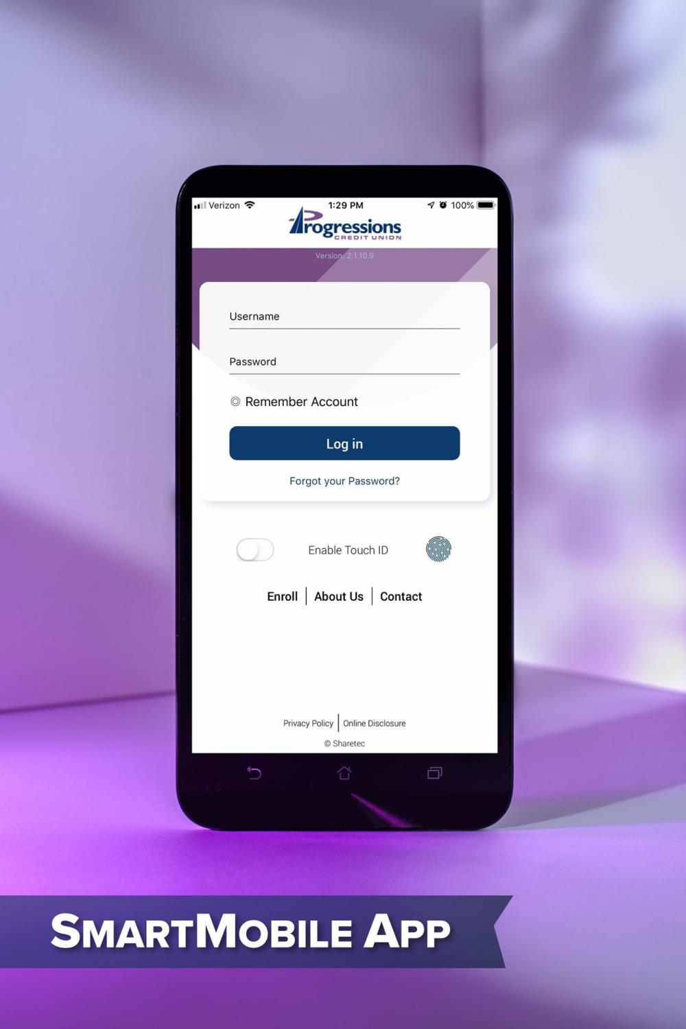 smartphone with progressions credit union mobile app login screen
