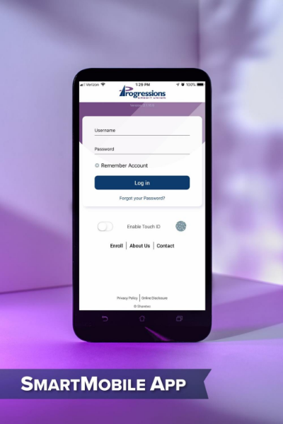 smartphone with progressions credit union mobile app login screen
