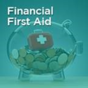 Financial first aid with a clear piggy bank with coins and a first aid kit inside